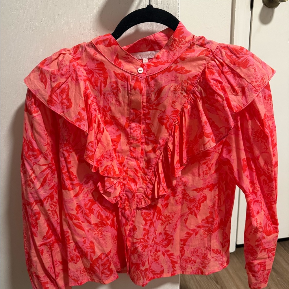 Olivaceous Ruffle Button Front Long Sleeve Red Pink Floral Top Women's Medium